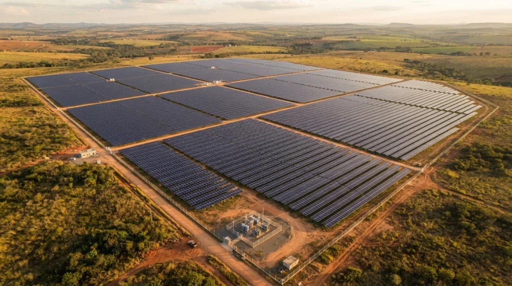 Vista aérea de usina de energia solar por assinatura que gera crédito na conta de luz
