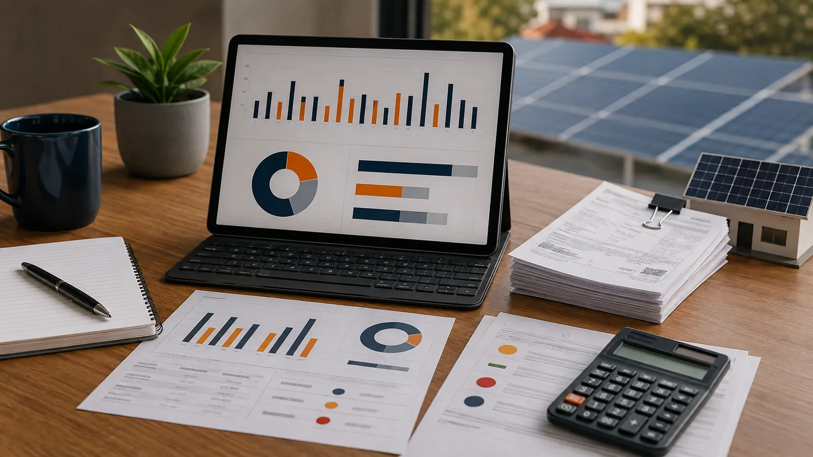 Painel com indicadores de energia solar, documentos e calculadora.