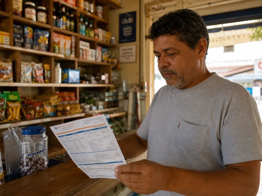 Comerciante mineiro conferindo a economia da energia solar por assinatura na conta