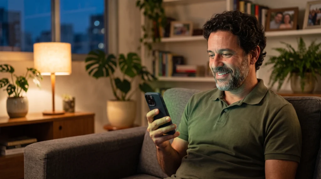 Homem conferindo a economia da energia solar por assinatura pelo aplicativo no celular em casa
